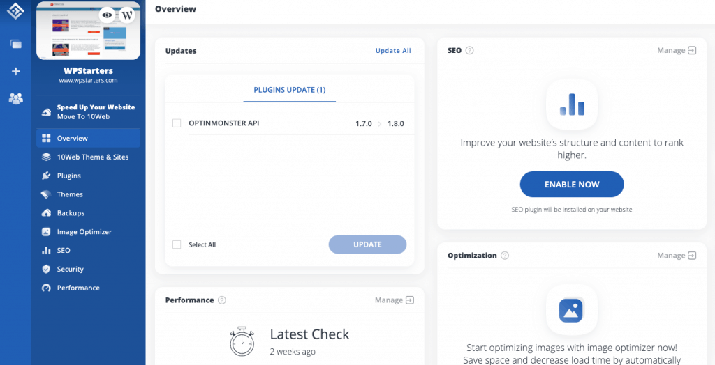 10Web Website Management Dashboard
