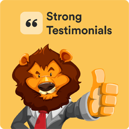 A cartoon lion giving a thumbs up with the words strong testimonials.