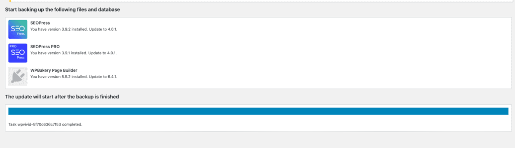 WPvivid Pro doing a backup before allowing the plugins to update