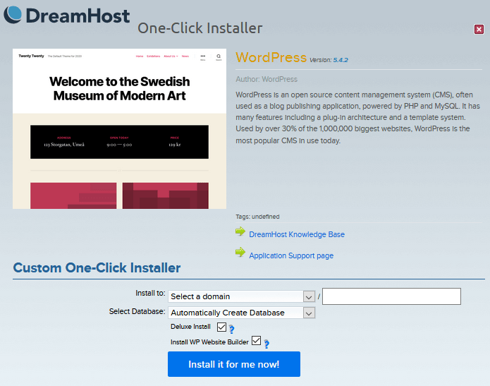 how to create a website: DreamHost WordPress Installer