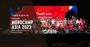 A group of people on stage at the wordcamp asia 2023.