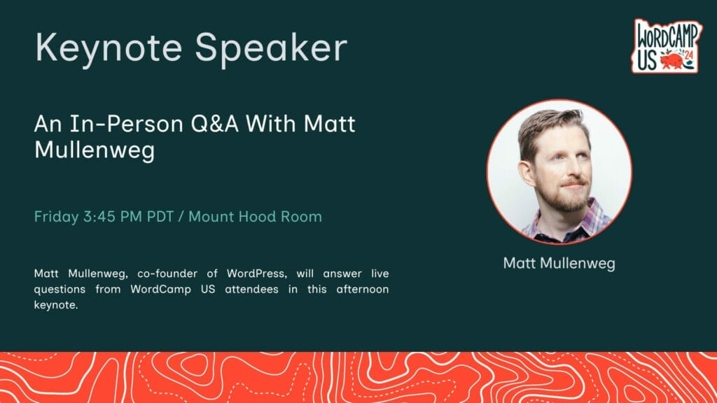 A promotional slide for a keynote speaker session featuring an in-person Q&A with Matt Mullenweg at WordCamp US 2024, scheduled for Friday at 3:45 PM PDT in the Mount Hood Room.