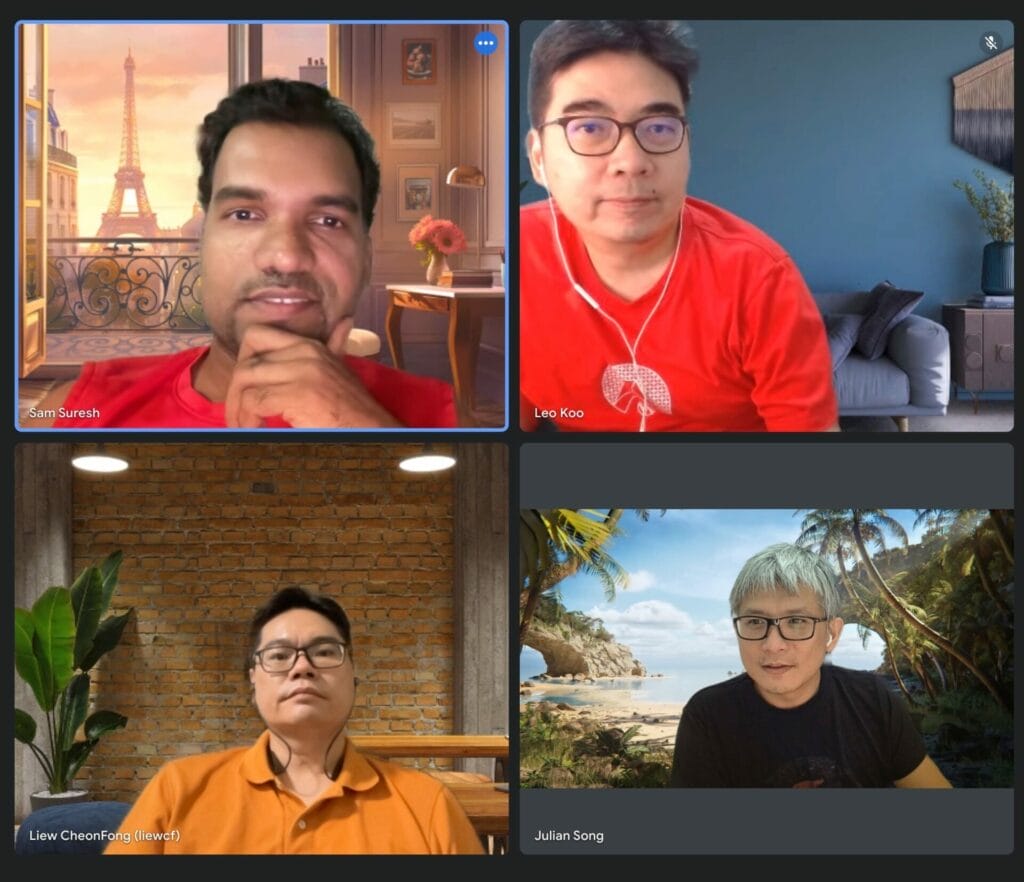 Four men participate in a virtual meeting, each displayed in a separate video window with different virtual backgrounds, including a cityscape, home interior, brick wall, and beach scene.