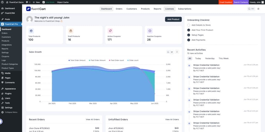 A dashboard interface shows product stats, sales growth chart, order summaries, and recent activity for an e-commerce platform called FluentCart.