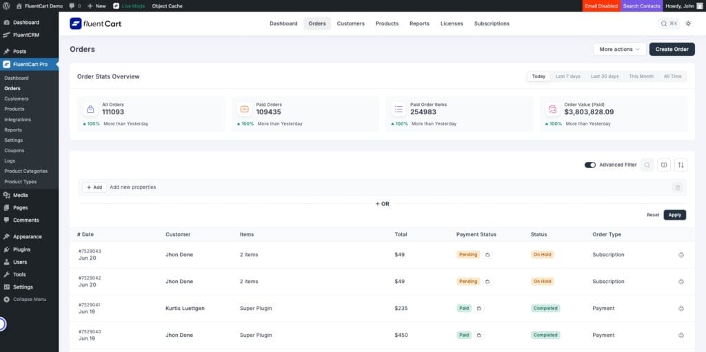 Dashboard view of an e-commerce order management system showing order stats, filters, and a table listing recent orders with details like customer, items, status, and payment status.