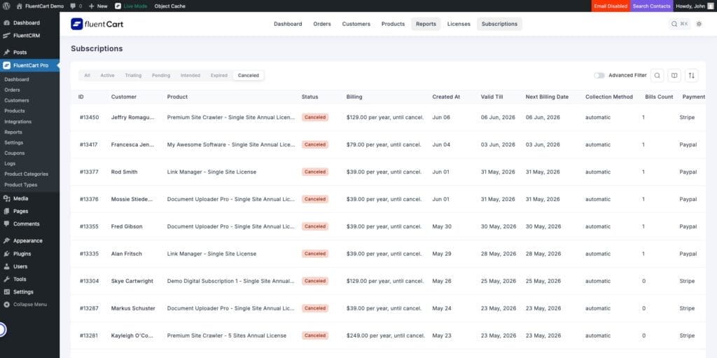 A web dashboard shows a list of cancelled software subscriptions, including customer names, products, billing info, and dates for validity, creation, and next billing.