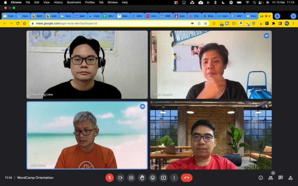 A video call with four participants, each in a different location, visible in separate frames on a Google Meet interface.