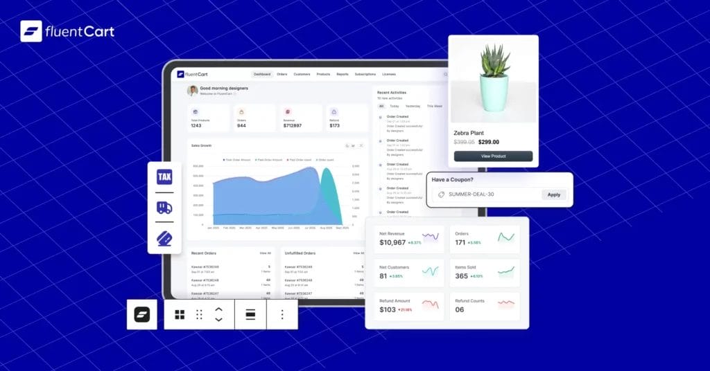 Dashboard interface displaying e-commerce analytics, sales graphs, a product image of a potted plant, and various settings and chart widgets on a blue grid background.